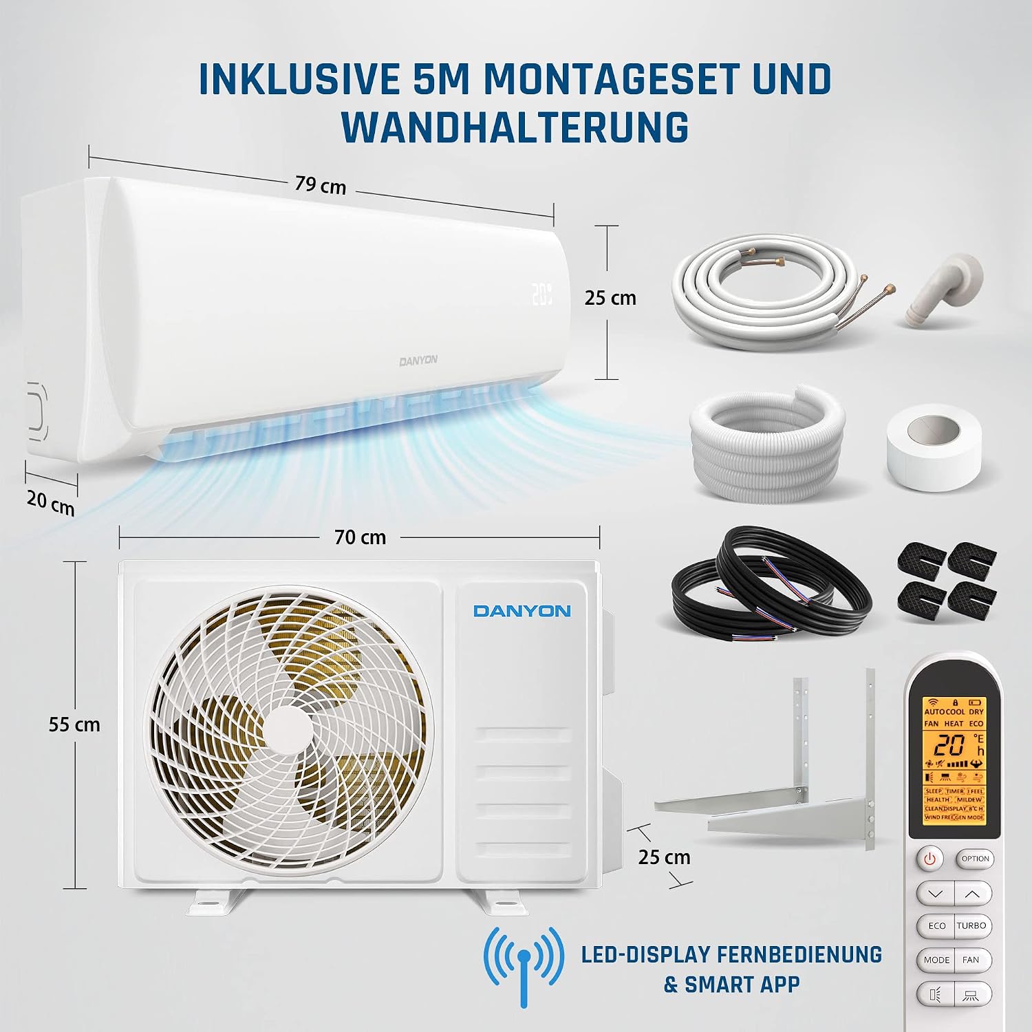Split Klimaanlage 12000 BTU 3.4 kW Inverter mit Heizfunktion R32 5-in-1 Kühl- und Heizgerät bis 59 m² mit 5 m Installationsset