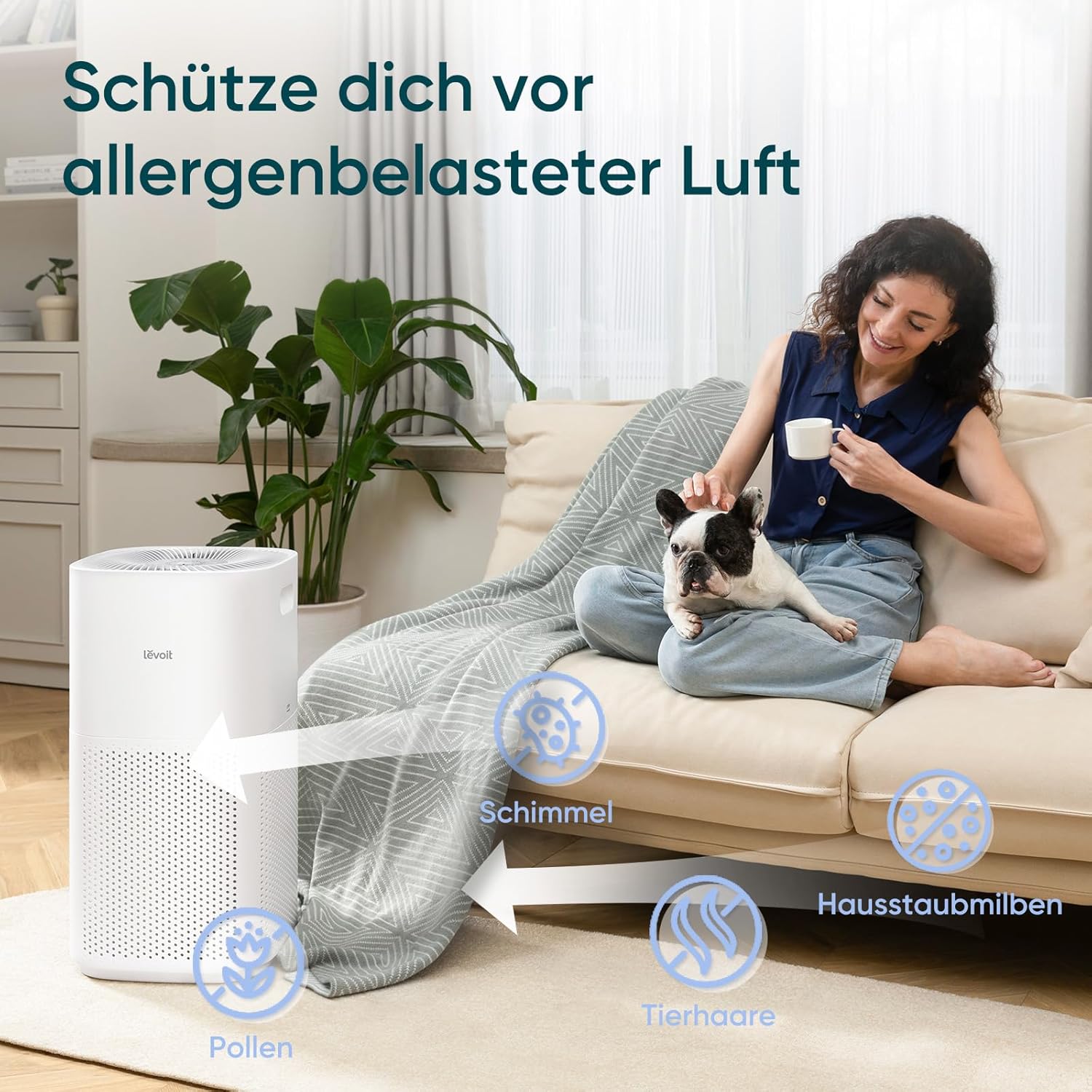 HEPA Luftreiniger CORE 600S CADR 697m³/h für bis zu 147m² mit PM2.5 Sensor Automodus App-Steuerung Cremeweiß