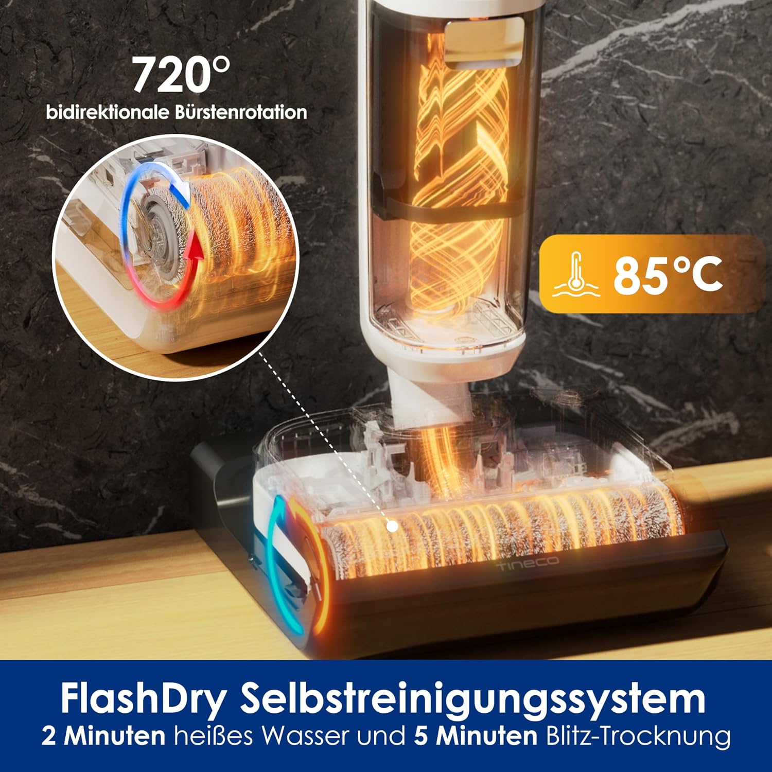 Nass Trockensauger Floor One Stretch S6 180° Flachdesign 13 cm Höhe Selbstreinigung 85°C 40 Minuten Laufzeit Hartböden