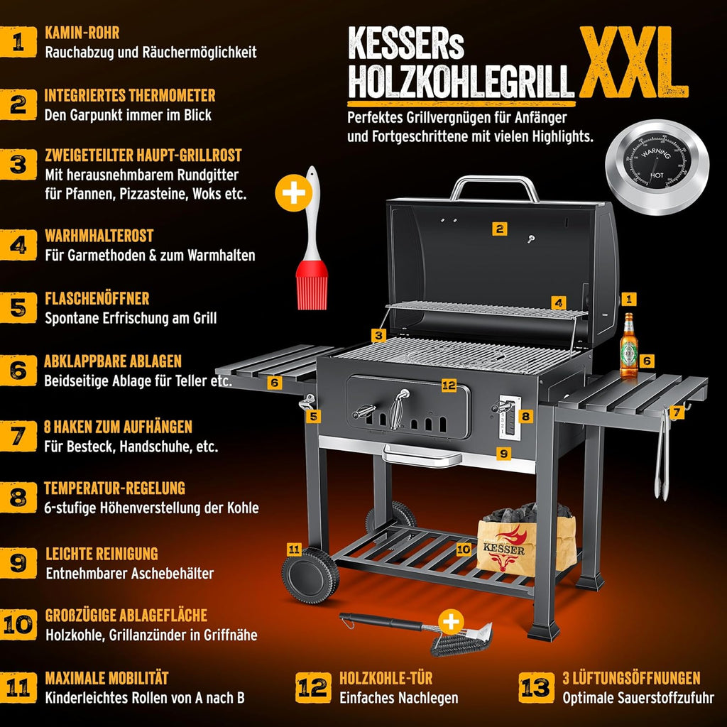 Holzkohlegrill XXL Grillwagen mit Deckel Thermometer und Smokerfunktion 56 x 41,5 cm Grillfläche inkl. Haube Bürste Pinsel & 8 Spieße
