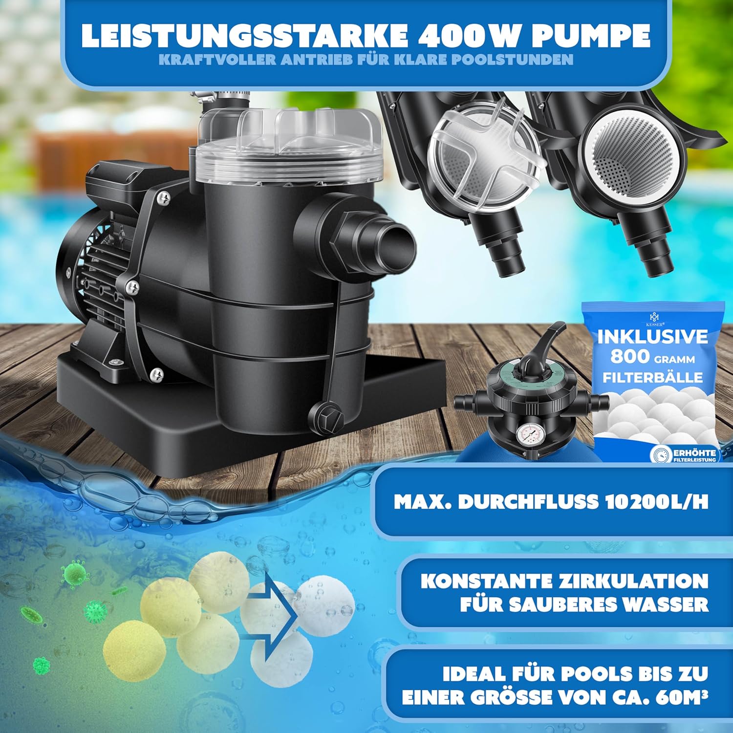 Pool Sandfilteranlage 10200 l/h 400 W mit 7-Wege-Ventil Filterbällen und Wettercover für Pools bis 60000 L