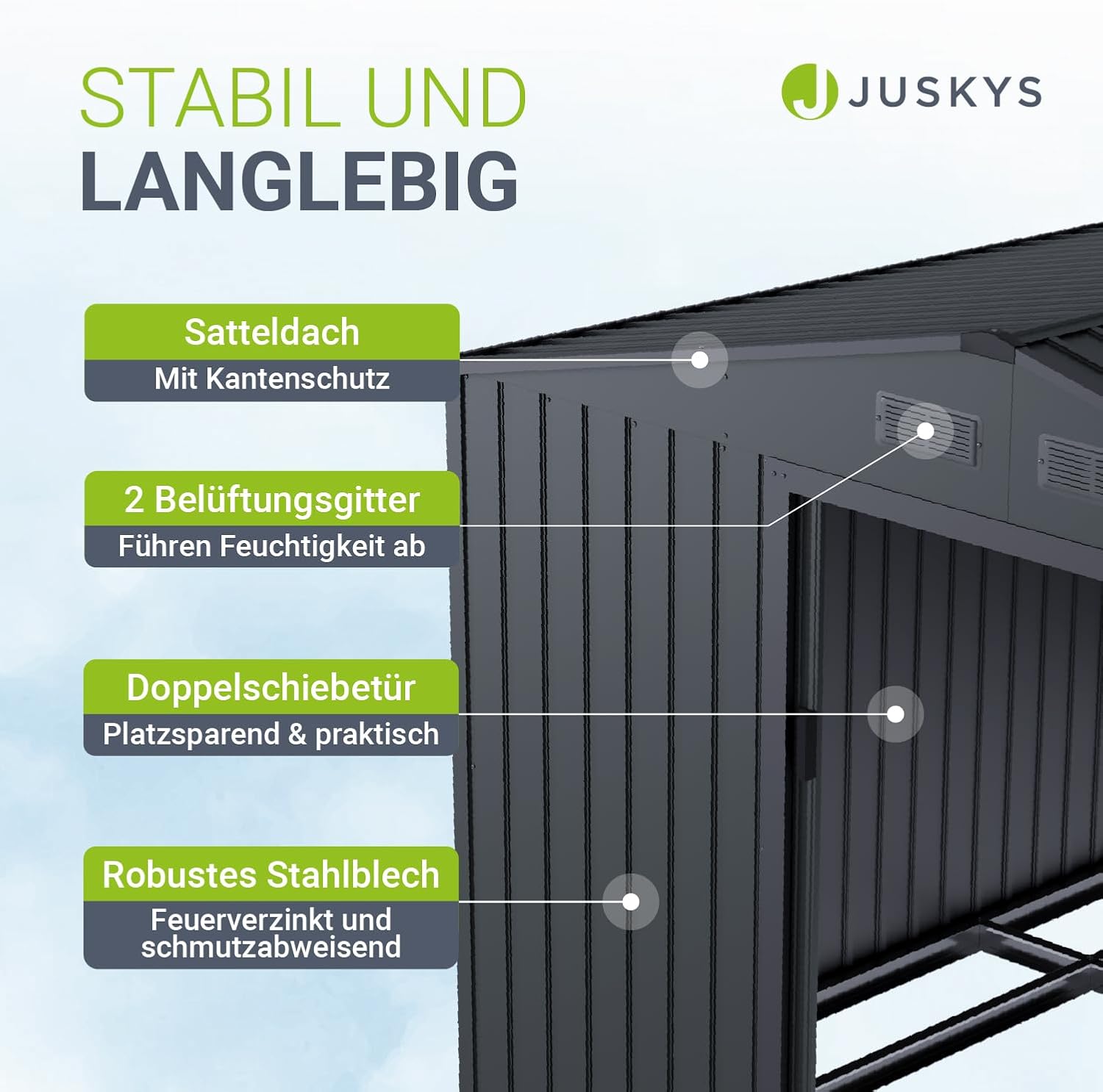 Gartenhaus Metall Schiebetür XL 280 x 196 x 190 cm wetterfest mit Fundamentrahmen und Schloss Dunkelgrau