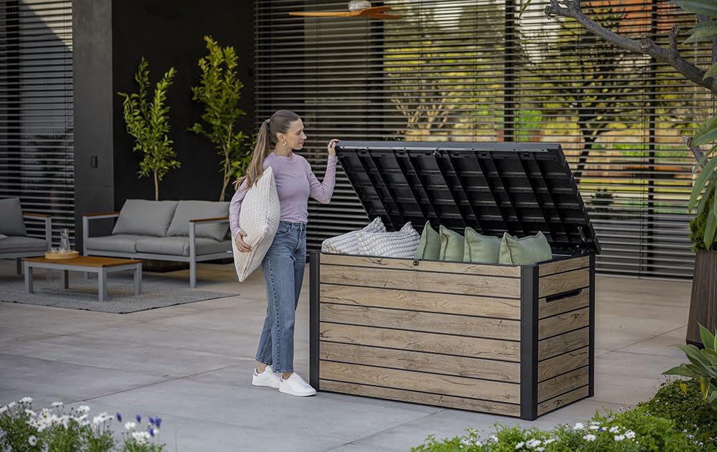 Auflagenbox 870 Liter Gartenbox Kunststoff wasserdicht mit Belüftung und Gasdruckfedern 147x83x86 cm Holzoptik