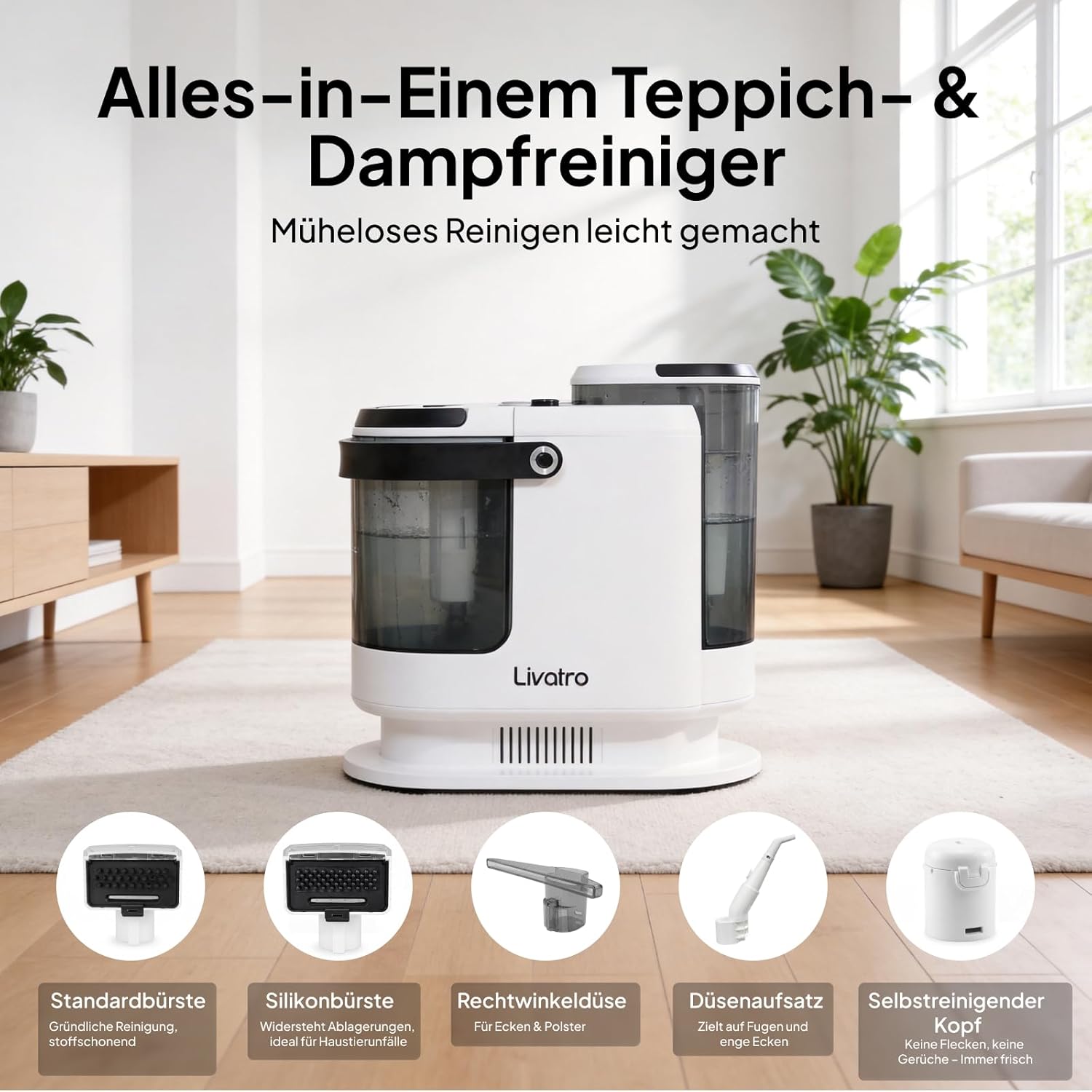 Polsterreiniger Nasssauger LVCUCM002 mit Dampffunktion 15 kPa und 1,6 L Tank für Teppiche Sofa und Auto