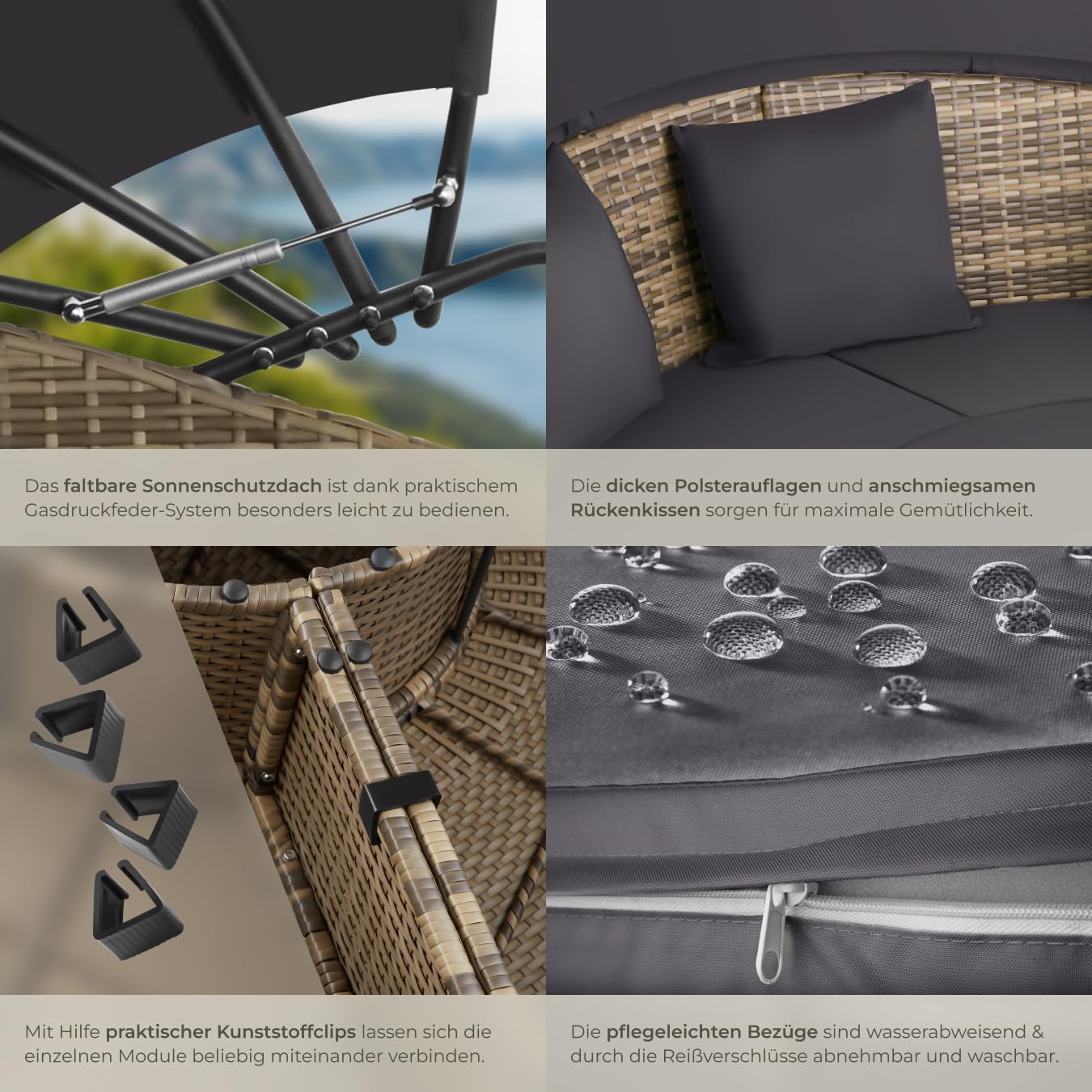 Polyrattan Sonneninsel Santorin II wetterfest 175 x 171 cm mit Sonnendach und Kissen