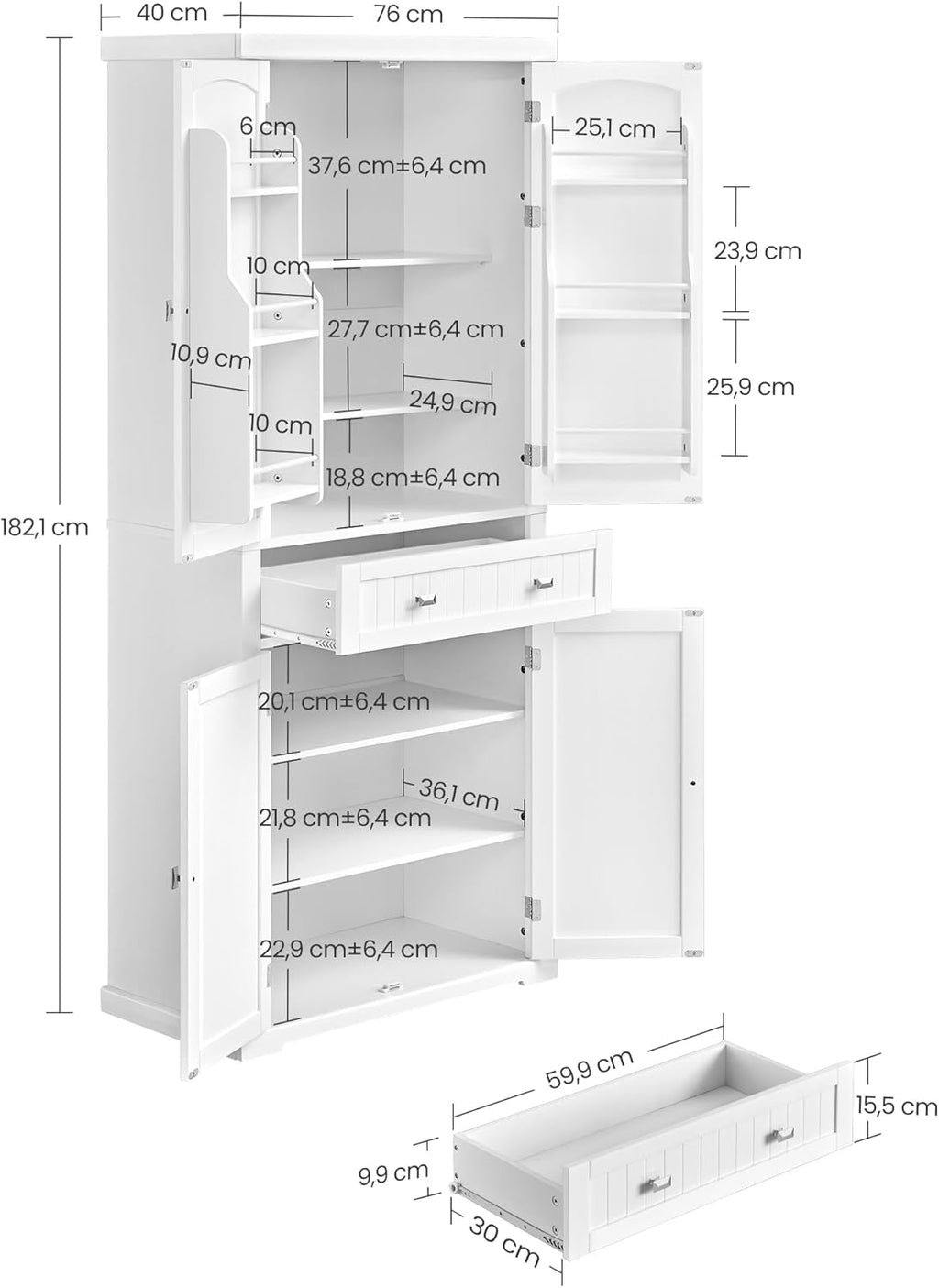 Küchenschrank Hochschrank mit verstellbaren Ablagen und Schublade Vitrinenschrank BBC561W21 40 x 76 x 182,1 cm Weiß