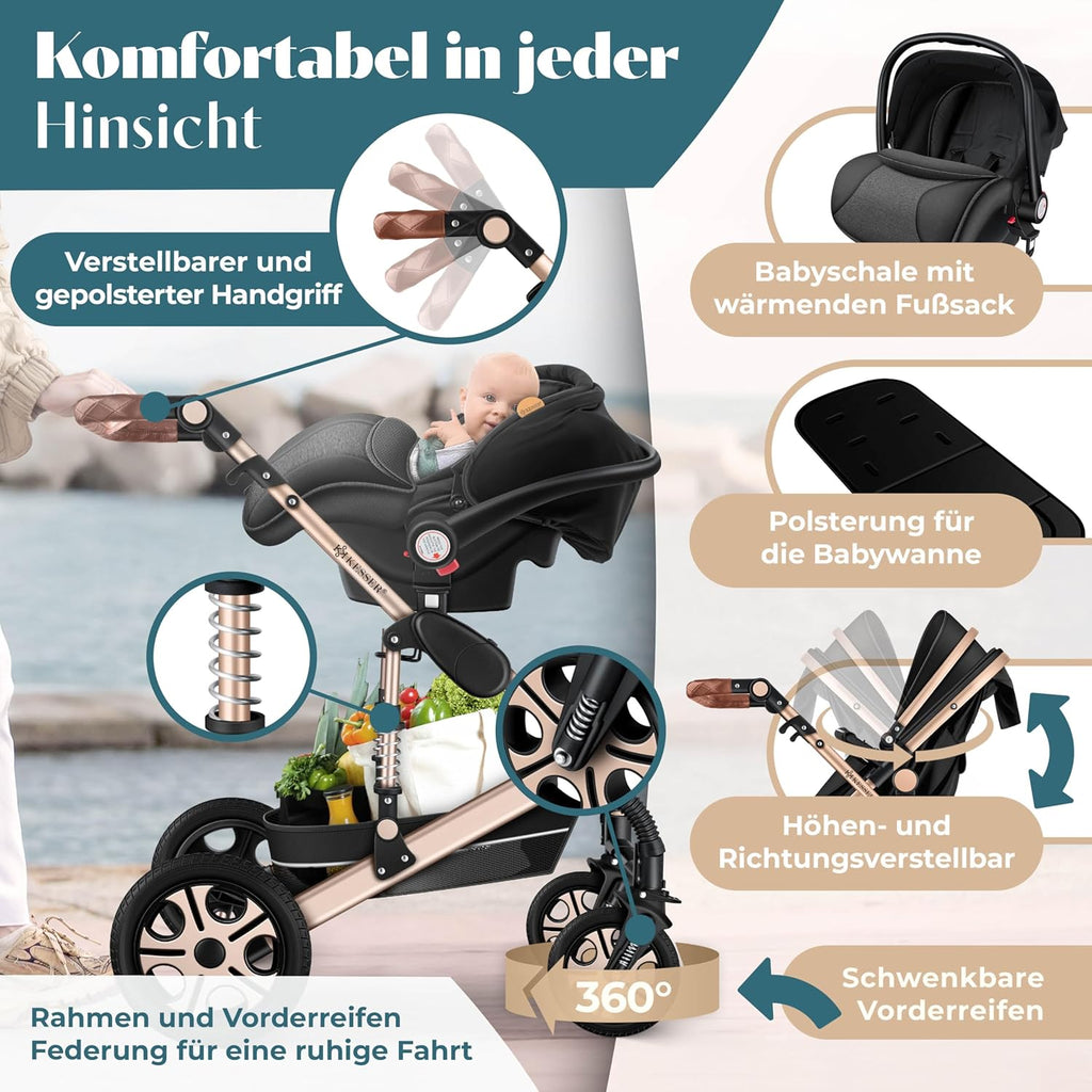 Kinderwagen 4 in 1 Kombi Set mit Babywanne Buggy und Autositz ECE R129 Aluminium Rahmen Luftreifen faltbar Schwarz Champagne