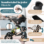 Kinderwagen 4 in 1 Kombi Set mit Babywanne Buggy und Autositz ECE R129 Aluminium Rahmen Luftreifen faltbar Schwarz Champagne