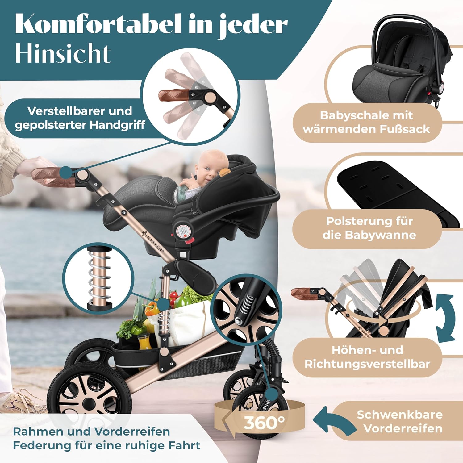 Kinderwagen 4 in 1 Kombi Set mit Babywanne Buggy und Autositz ECE R129 Aluminium Rahmen Luftreifen faltbar Schwarz Champagne