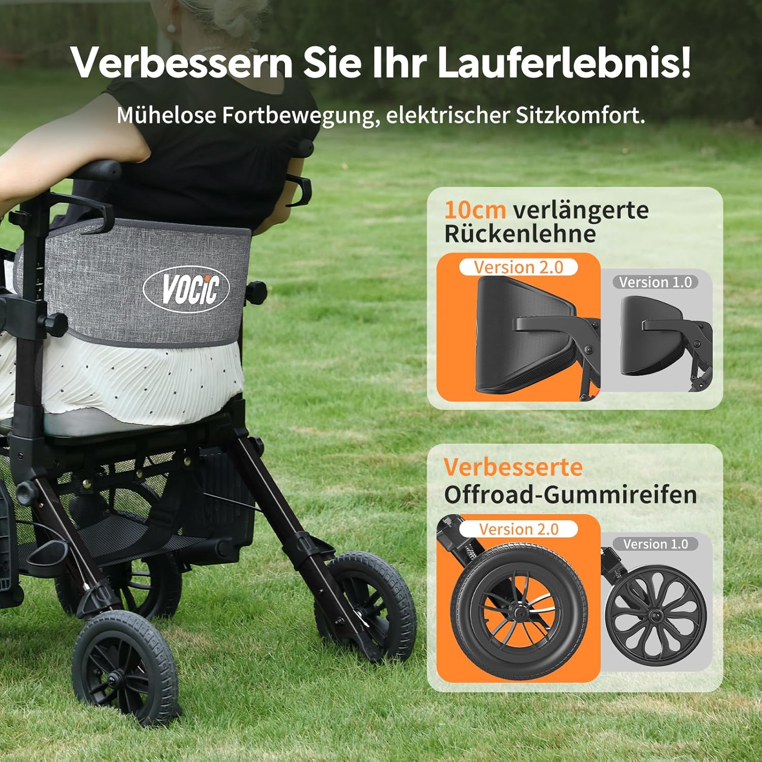 2-in-1 Rollator und Transportstuhl V-RL-Z51-E-BK faltbar aus Aluminium mit Sitz und Outdoor-Reifen bis 136 kg