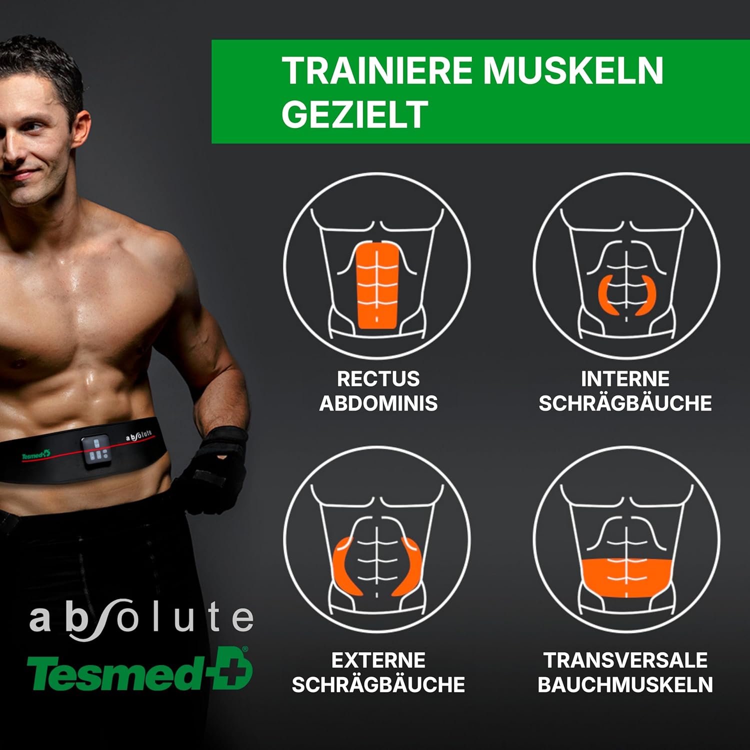 EMS Bauchmuskeltrainer Gürtel Absolute 15 Programme kabellos wiederaufladbar zentrale und seitliche Muskelstimulation