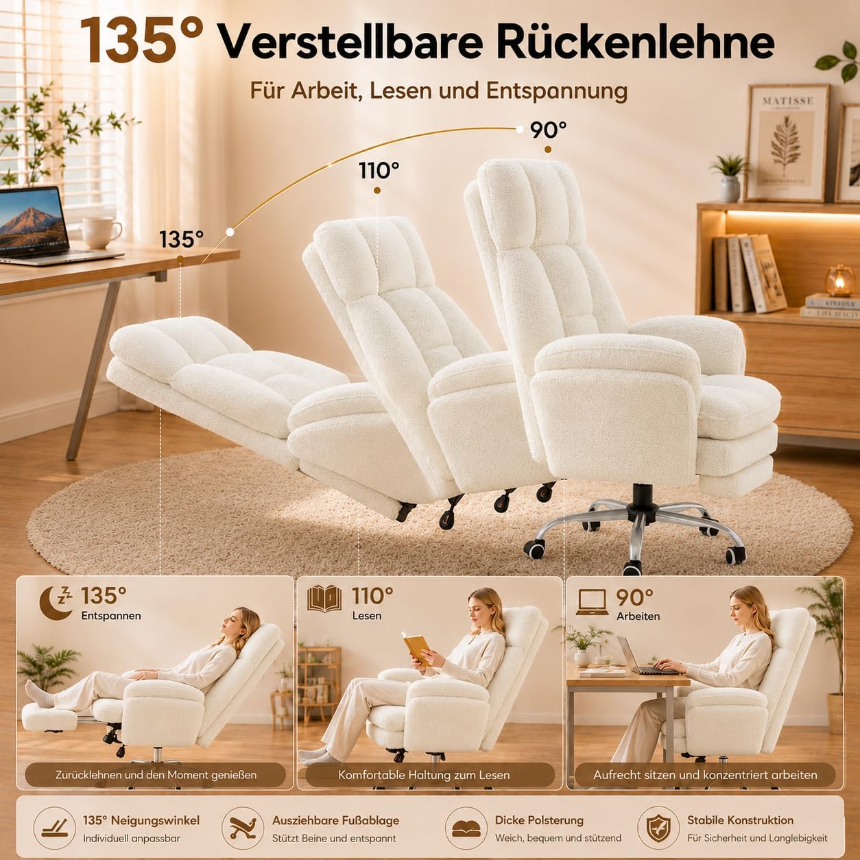 Bürostuhl mit Fußstütze verstellbare Rückenlehne 135° breiter Sitz Teddy-Stoff Drehstuhl für Home Office Lesen Entspannen