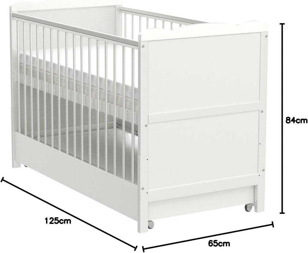 Babybett mit Schublade höhenverstellbar 120x60 cm umbaubar zum Juniorbett mit Matratze und Zahnschienen Weiß