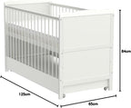 Babybett mit Schublade höhenverstellbar 120x60 cm umbaubar zum Juniorbett mit Matratze und Zahnschienen Weiß