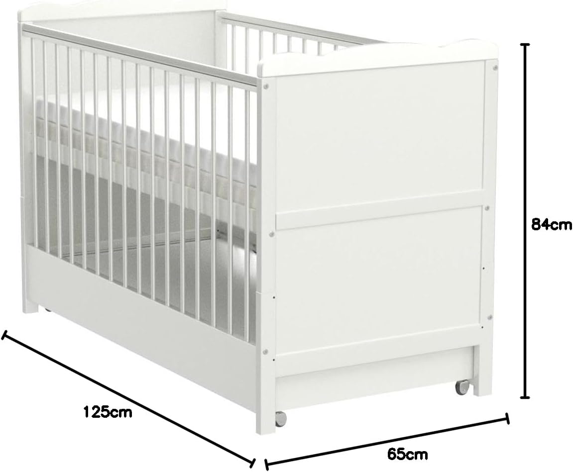 Babybett mit Schublade höhenverstellbar 120x60 cm umbaubar zum Juniorbett mit Matratze und Zahnschienen Weiß