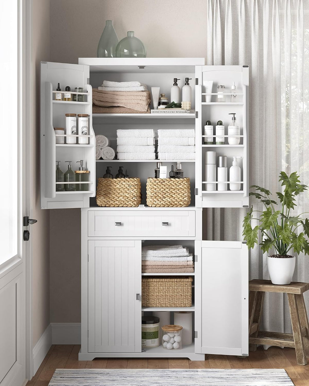 Küchenschrank Hochschrank mit verstellbaren Ablagen und Schublade Vitrinenschrank BBC561W21 40 x 76 x 182,1 cm Weiß