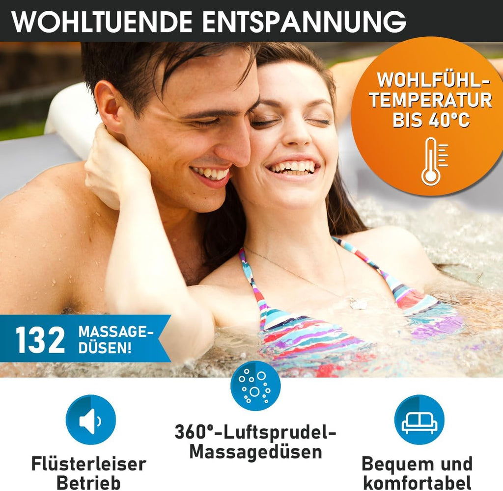 Aufblasbarer Whirlpool 6 Personen 185x185cm Tekapo C-TE062 132 Massagedüsen Spa Pool mit Heizung und Energiespar Timer