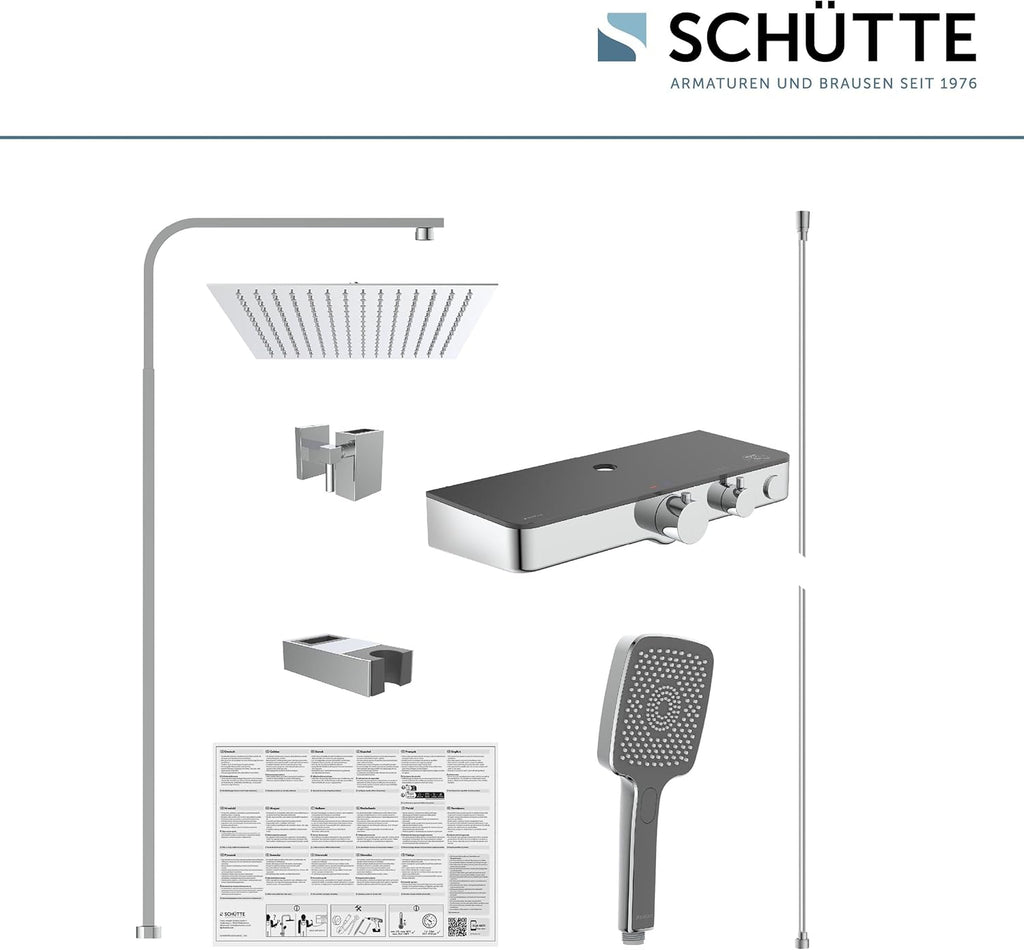 Duschsystem Thermostat OCEAN 60531 Regendusche 30x30cm Glasablage Duschsäule Chrom Anthrazit Wandmontage 80-120cm Stange