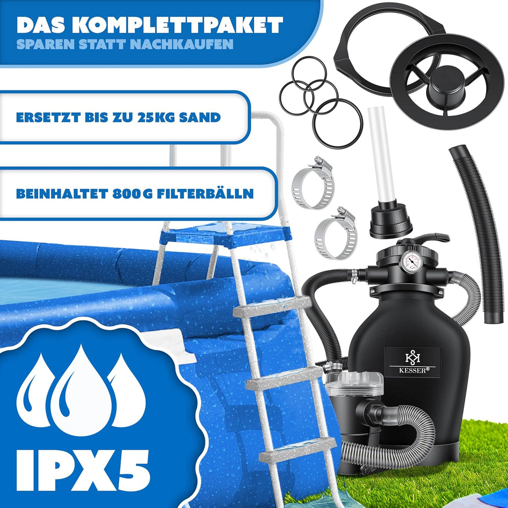 Sandfilteranlage Poolfilter 10200 l/h 400 W 20 L Tank 7 Wege Ventil mit Druckanzeige für Pools bis 60000 L Adapter Ø32–38 mm und Abdeckhaube