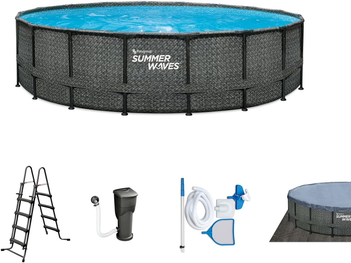 Rundpool Frame Pool Set 488x122 cm Rattanoptik mit Filterpumpe Leiter Abdeckplane Bodenvlies Reinigungsset