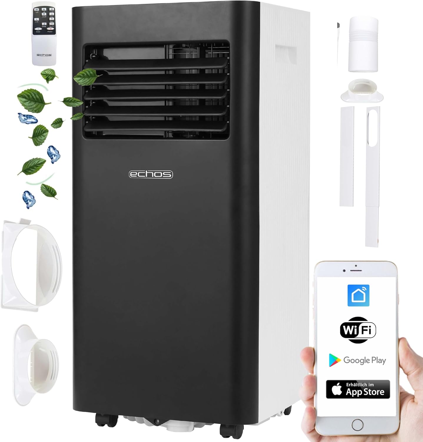 Mobile Klimaanlage 9000 BTU WLAN 3-in-1 mit Entfeuchter und Ventilator für Räume bis 35 m² inkl. Abluftschlauch Fensterkit Fernbedienung