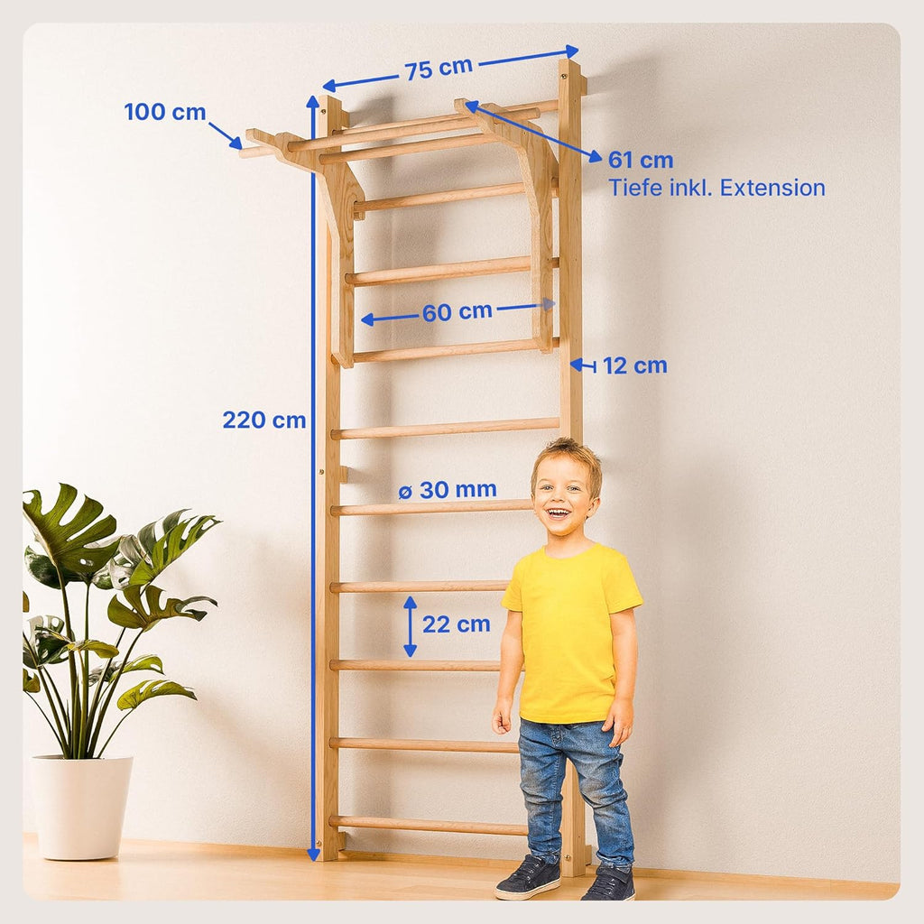Sprossenwand mit Klimmzugstange Dip Erweiterung Holz Kletterwand Erwachsene Kinder bis 150kg