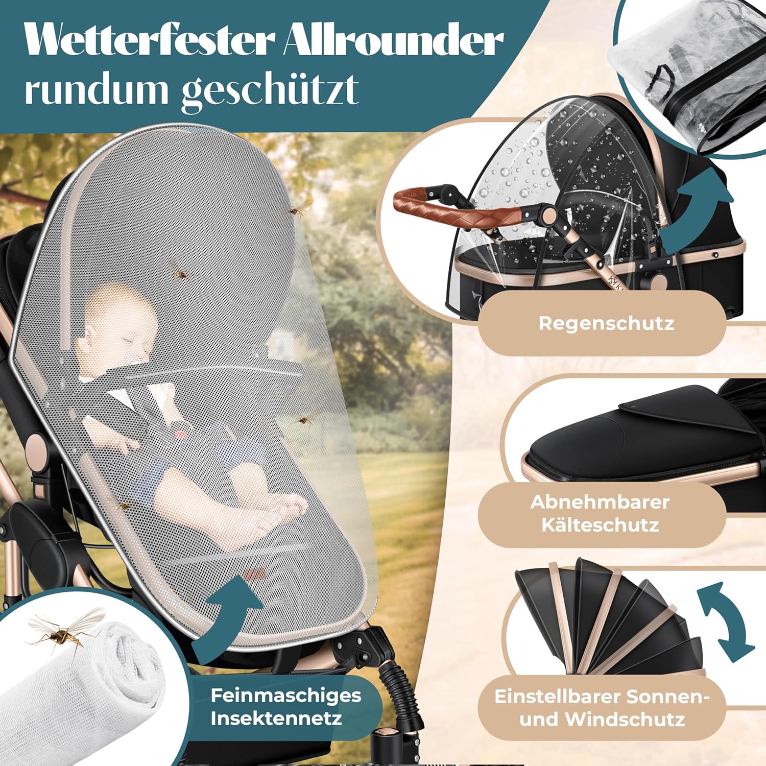 Kinderwagen 4 in 1 Kombi Set mit Babywanne Buggy und Autositz ECE R129 Aluminium Rahmen Luftreifen faltbar Schwarz Champagne