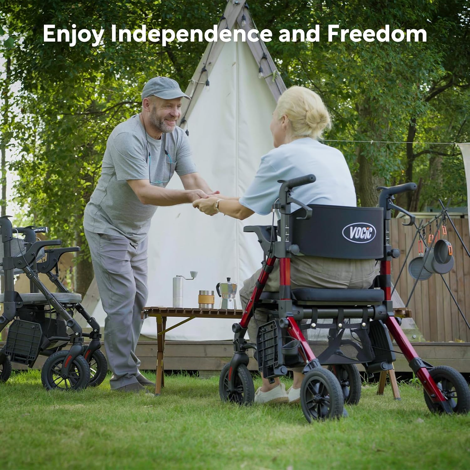 2-in-1 Rollator und Transportstuhl V-RL-Z51-E-BK faltbar aus Aluminium mit Sitz und Outdoor-Reifen bis 136 kg
