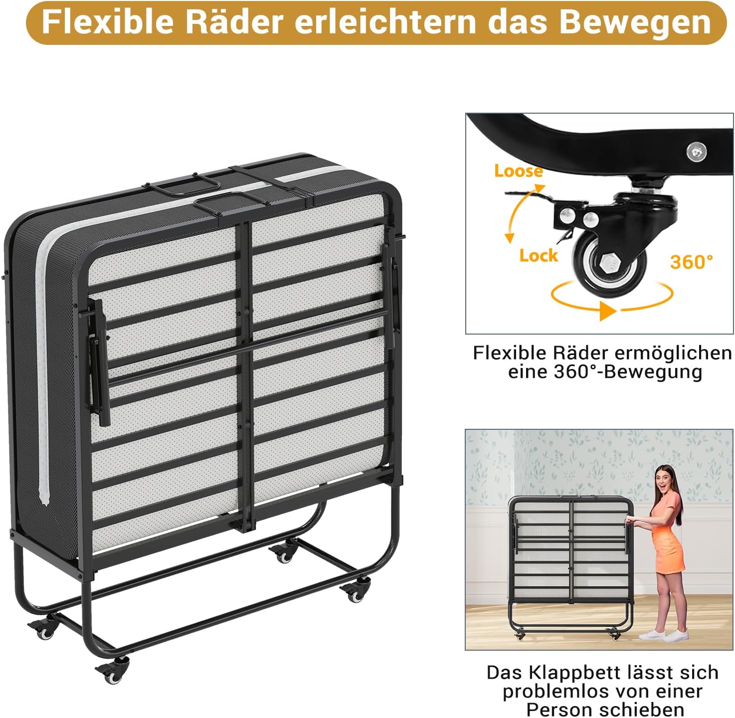 Klappbett Gästebett 90x200 cm mit 10 cm Schaumstoffmatratze Metallrahmen klappbar mit 4 Rollen bis 200 kg
