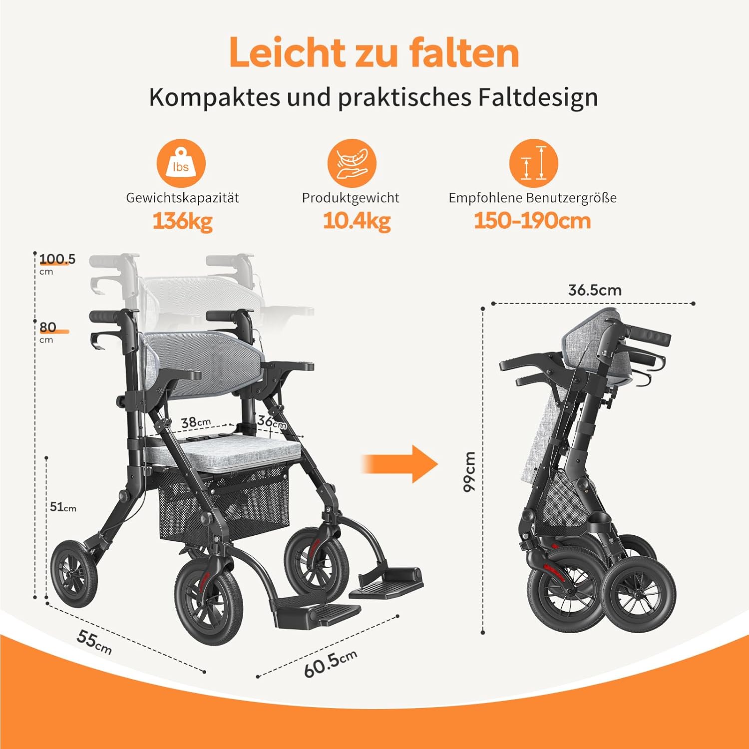 2-in-1 Rollator und Transportstuhl V-RL-Z51-E-BK faltbar aus Aluminium mit Sitz und Outdoor-Reifen bis 136 kg