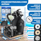 Sandfilteranlage Poolfilter 10200 l/h 400 W 20 L Tank 7 Wege Ventil mit Druckanzeige für Pools bis 60000 L Adapter Ø32–38 mm und Abdeckhaube