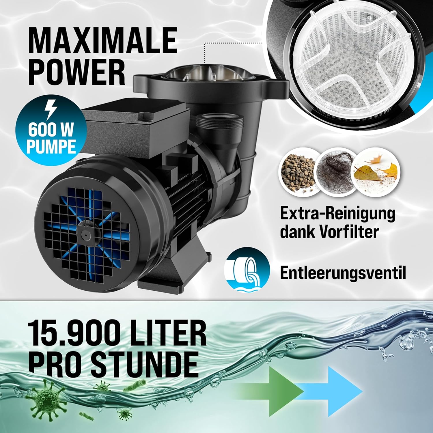 Sandfilteranlage Poolfilter 15900 l/h SF159 600W 7 Wege Ventil Ø32-38mm für Pools bis 70000L Filterpumpe 86,5x51x86,5 cm