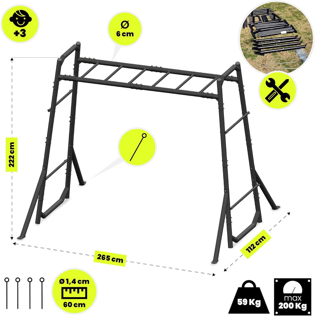 Garten Klettergerüst Metall Kletterleiter mit Bodenverankerung 265 x 112 x 222 cm belastbar bis 200 kg pulverbeschichtet Outdoor Training
