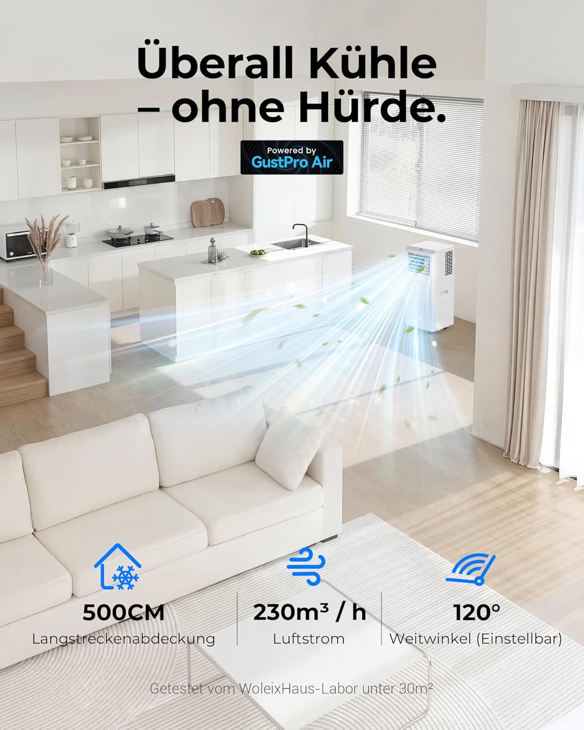 Mobile Klimaanlage mit Abluftschlauch 55 dB 5-in-1 Kühl und Entfeuchtungsfunktion inklusive Fensterabdichtung