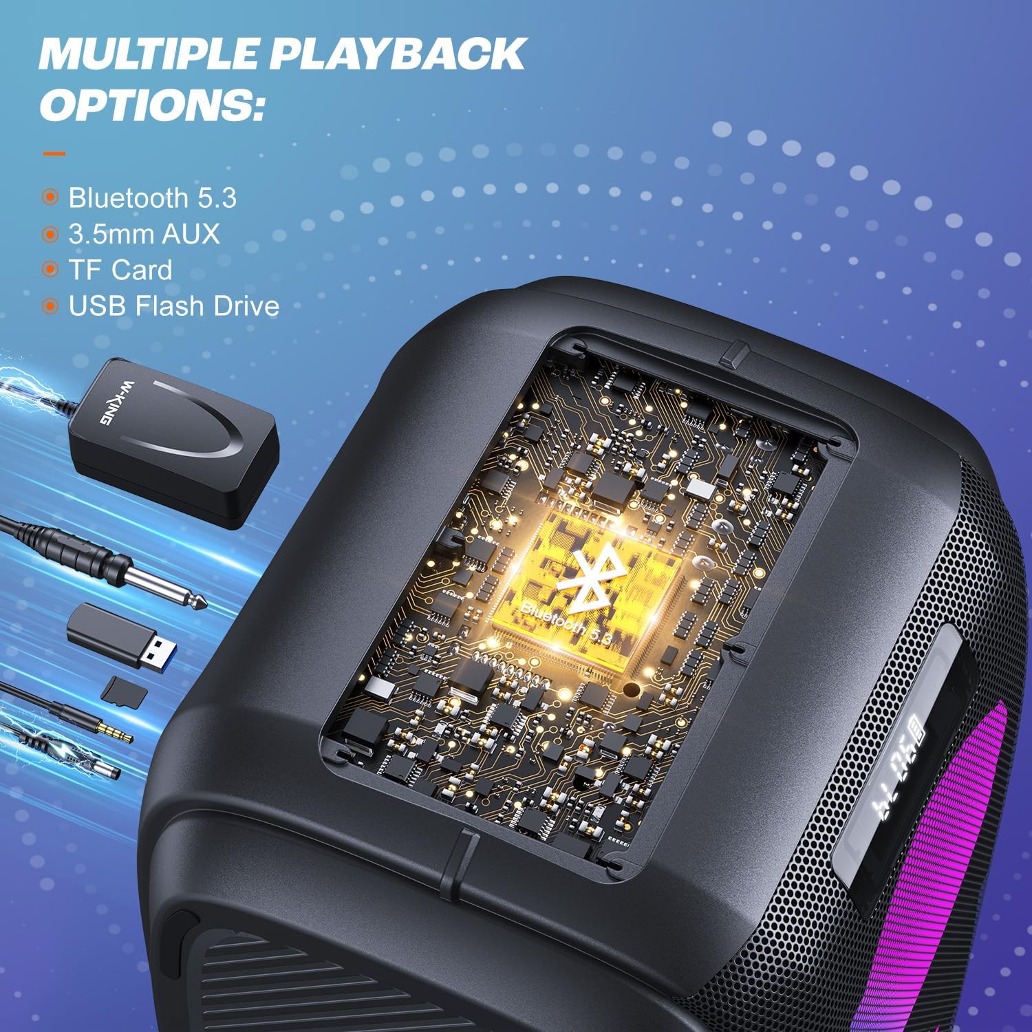 Bluetooth Party-Lautsprecher T9 Pro 270W mit Bluetooth 5.3 2 x 6,5 Zoll Woofern Mikrofon- und Gitarreneingang USB TF AUX Wechselakku