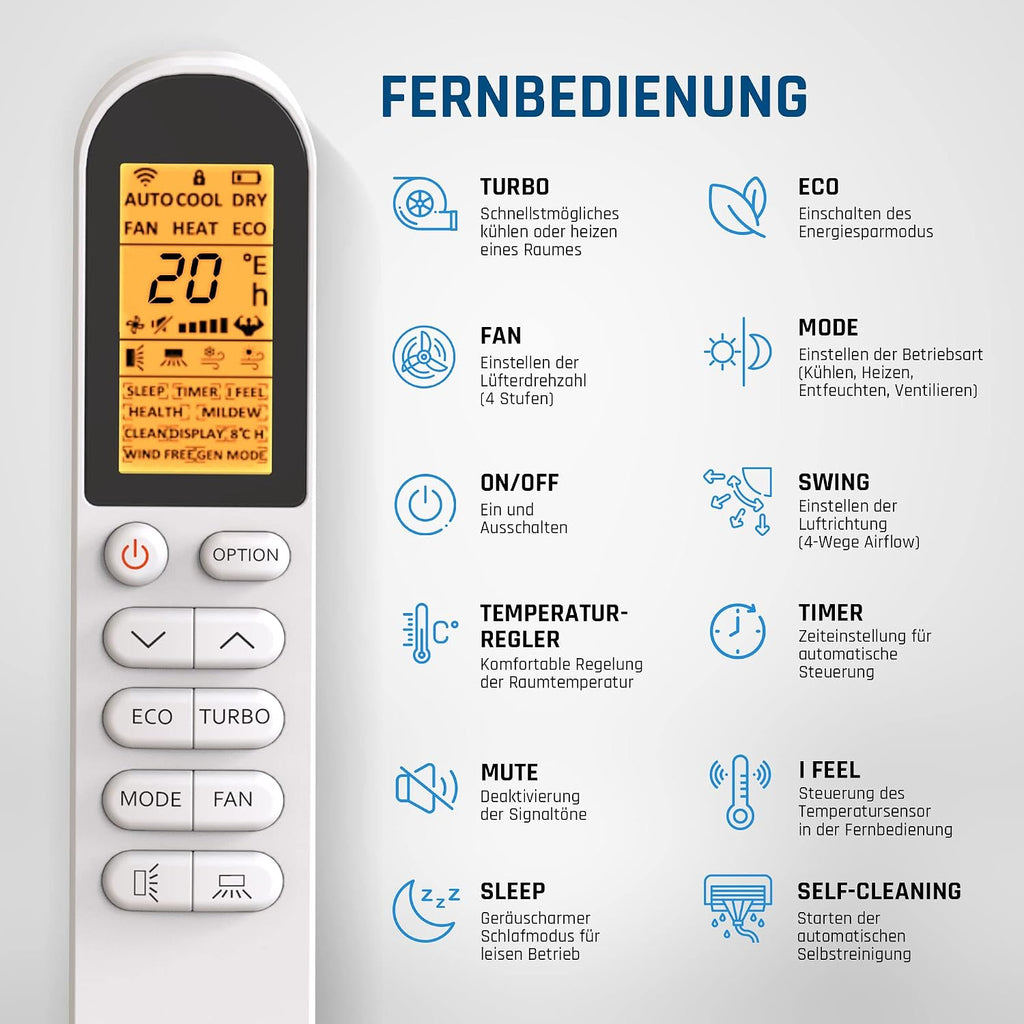 Split Klimaanlage 12000 BTU 3.4 kW Inverter mit Heizfunktion R32 5-in-1 Kühl- und Heizgerät bis 59 m² mit 5 m Installationsset