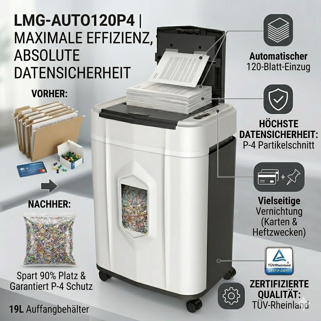 Aktenvernichter P-4 Partikelschnitt mit Auto-Einzug 120 Blatt 60 Min Laufzeit 25 L Behälter