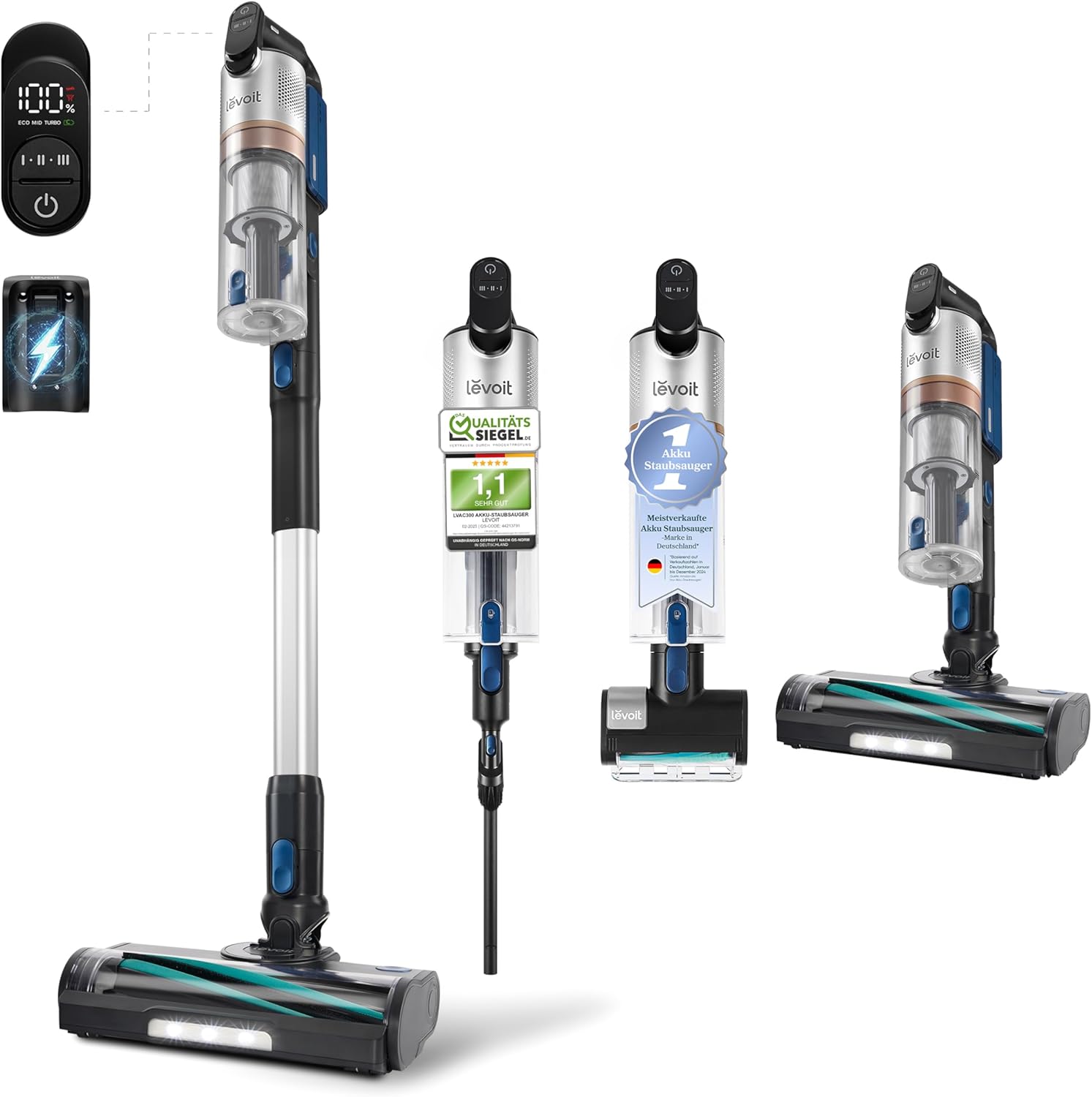 Akku-Staubsauger LVAC-300 PET mit Anti-Tangle Bürste 60 Min Laufzeit HEPA-Filtersystem Mini-Motorbürste selbststehend Blau