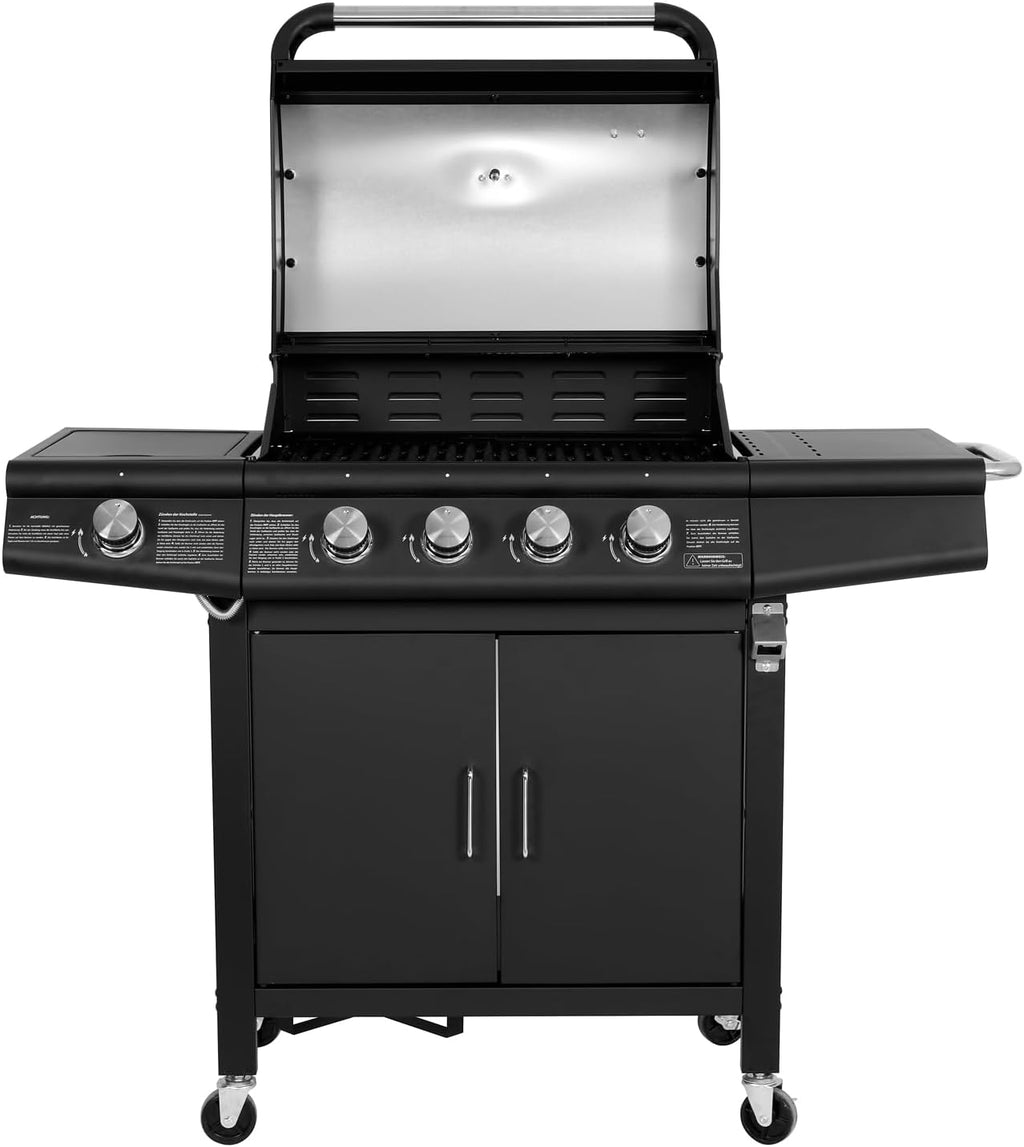 Gasgrill Grillwagen 4+1 Brenner RED 4 Hauptbrenner 1 Seitenkocher Edelstahl Grillfläche 61x42cm freistehend Schwarz
