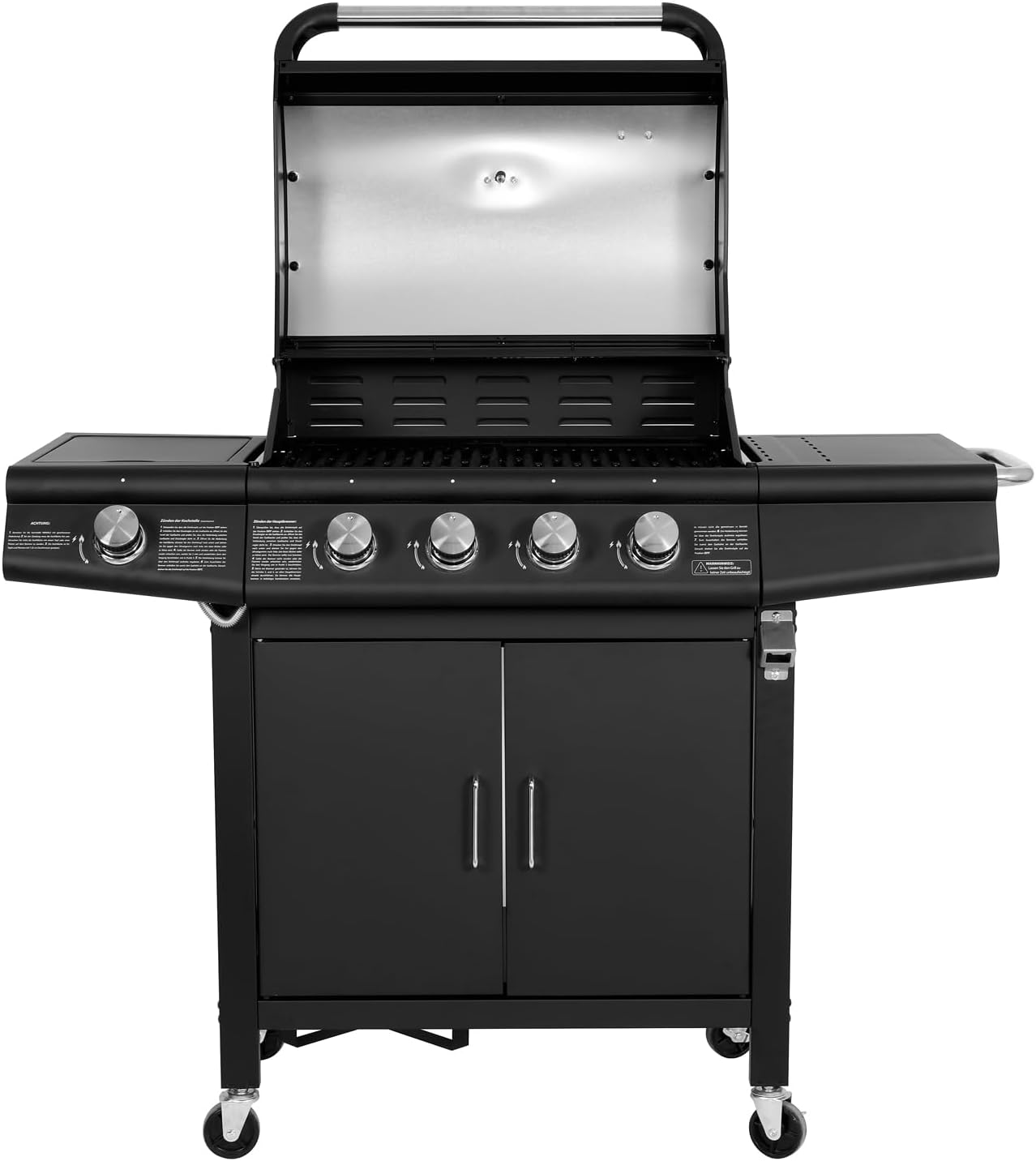 Gasgrill Grillwagen 4+1 Brenner RED 4 Hauptbrenner 1 Seitenkocher Edelstahl Grillfläche 61x42cm freistehend Schwarz