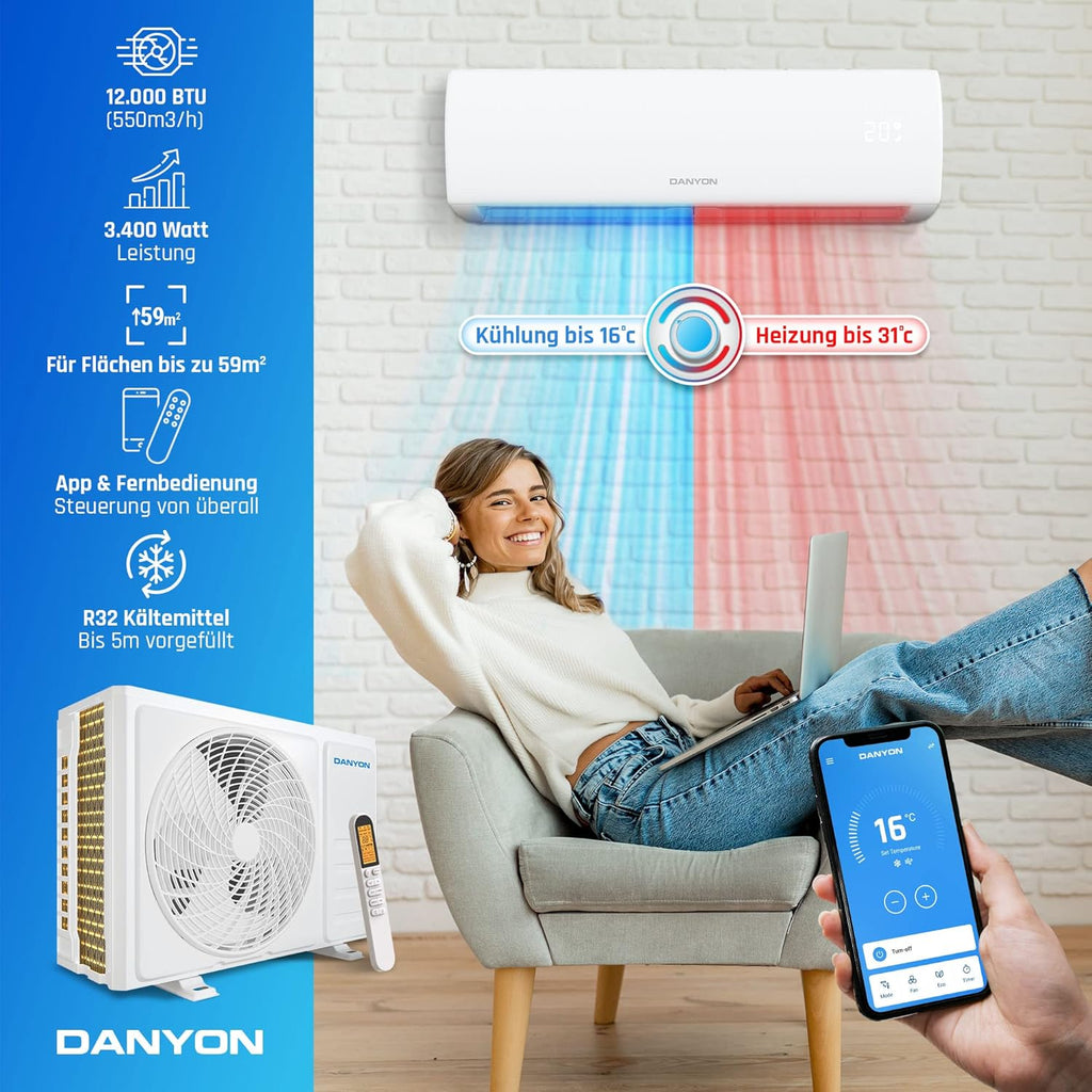 Split Klimaanlage 12000 BTU 3.4 kW Inverter mit Heizfunktion R32 5-in-1 Kühl- und Heizgerät bis 59 m² mit 5 m Installationsset