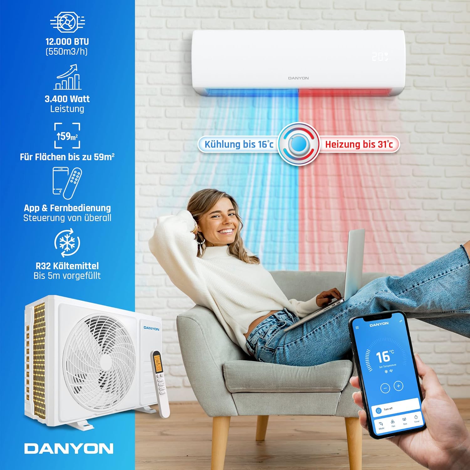 Split Klimaanlage 12000 BTU 3.4 kW Inverter mit Heizfunktion R32 5-in-1 Kühl- und Heizgerät bis 59 m² mit 5 m Installationsset