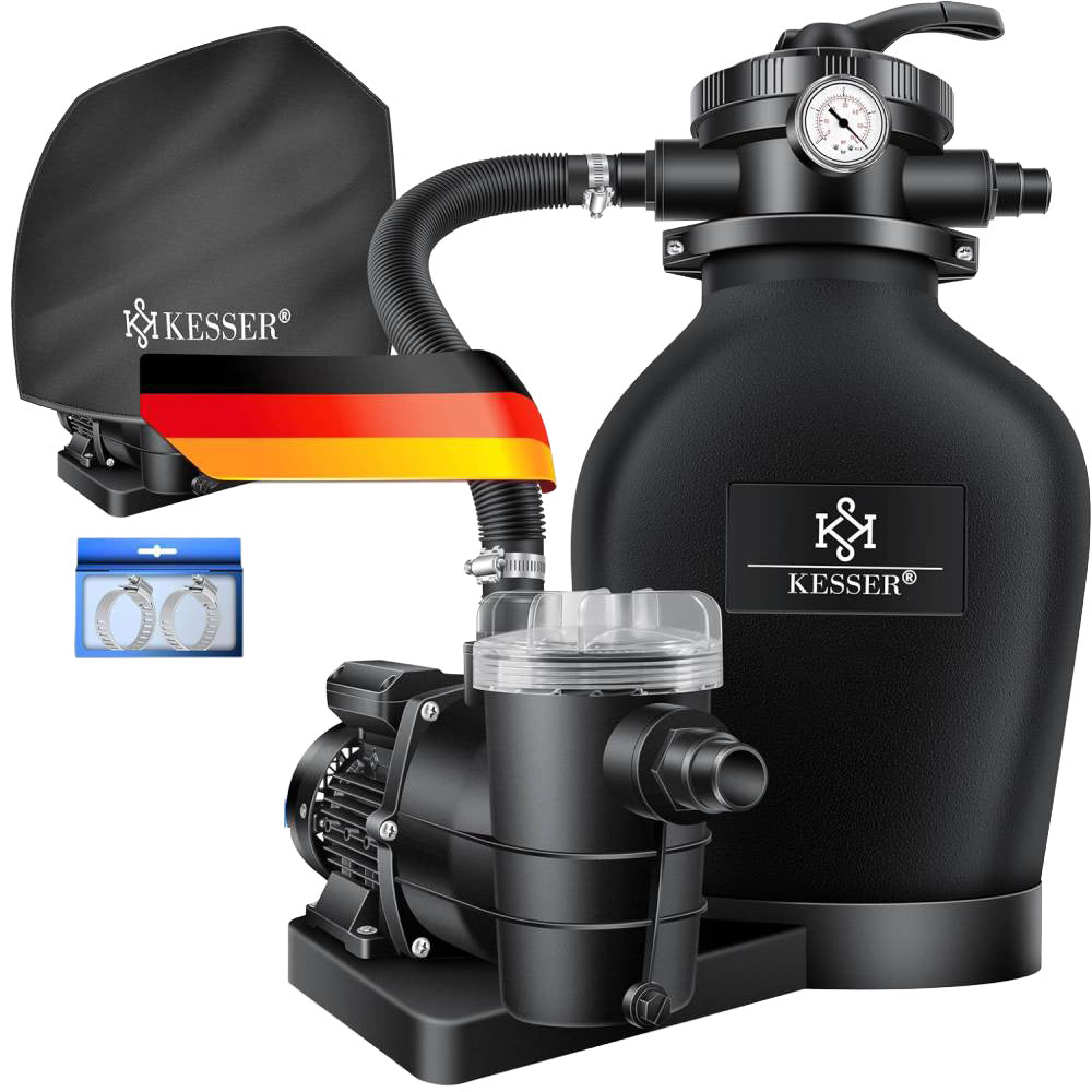 Sandfilteranlage Poolfilter 10200 l/h 400 W 20 L Tank 7 Wege Ventil mit Druckanzeige für Pools bis 60000 L Adapter Ø32–38 mm und Abdeckhaube