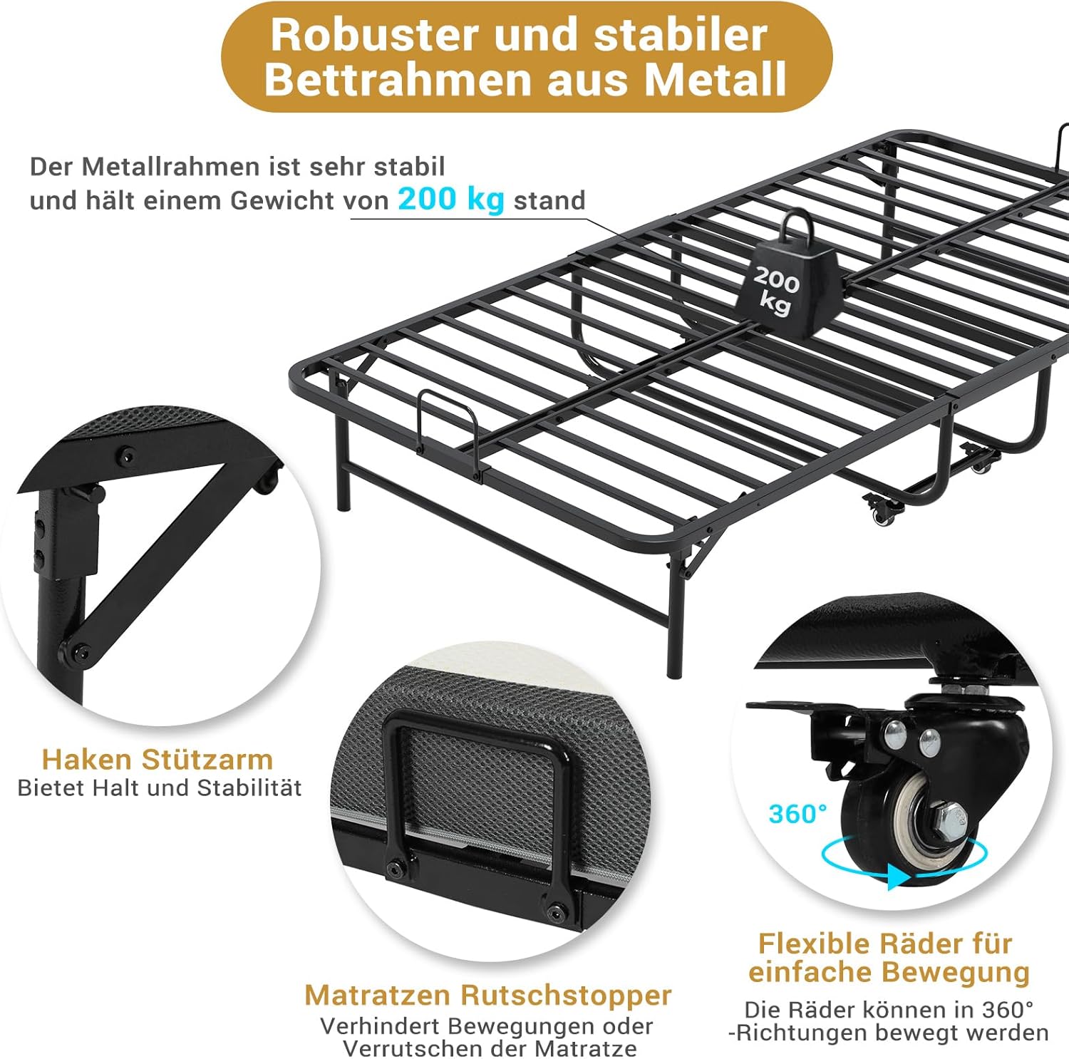 Klappbett Gästebett 90x200 cm mit 10 cm Schaumstoffmatratze Metallrahmen klappbar mit 4 Rollen bis 200 kg