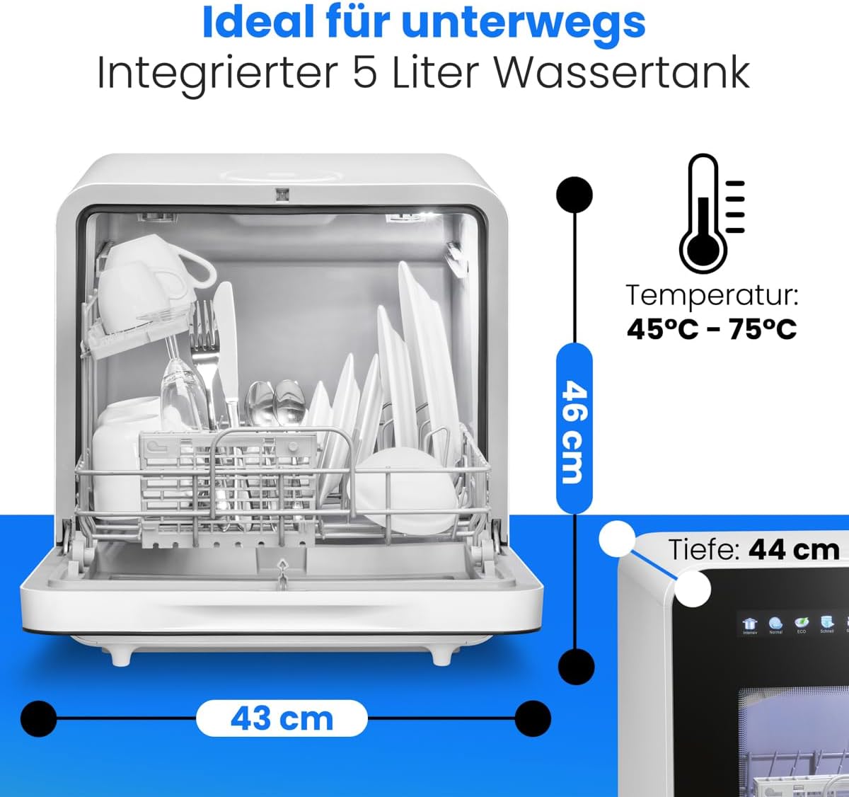Tischgeschirrspüler mit Tank TSG 5702 6 Programme 3 Maßgedecke 5 Liter Kapazität 58 dB freistehend ohne Wasseranschluss nutzbar