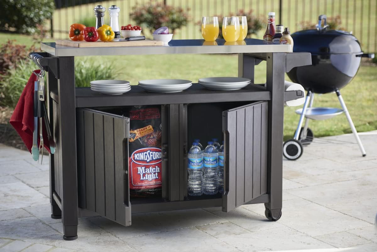 BBQ Beistelltisch XL mit Edelstahl-Arbeitsplatte 134 x 51,7 x 89,6 cm Wetterfest 298 L Stauraum