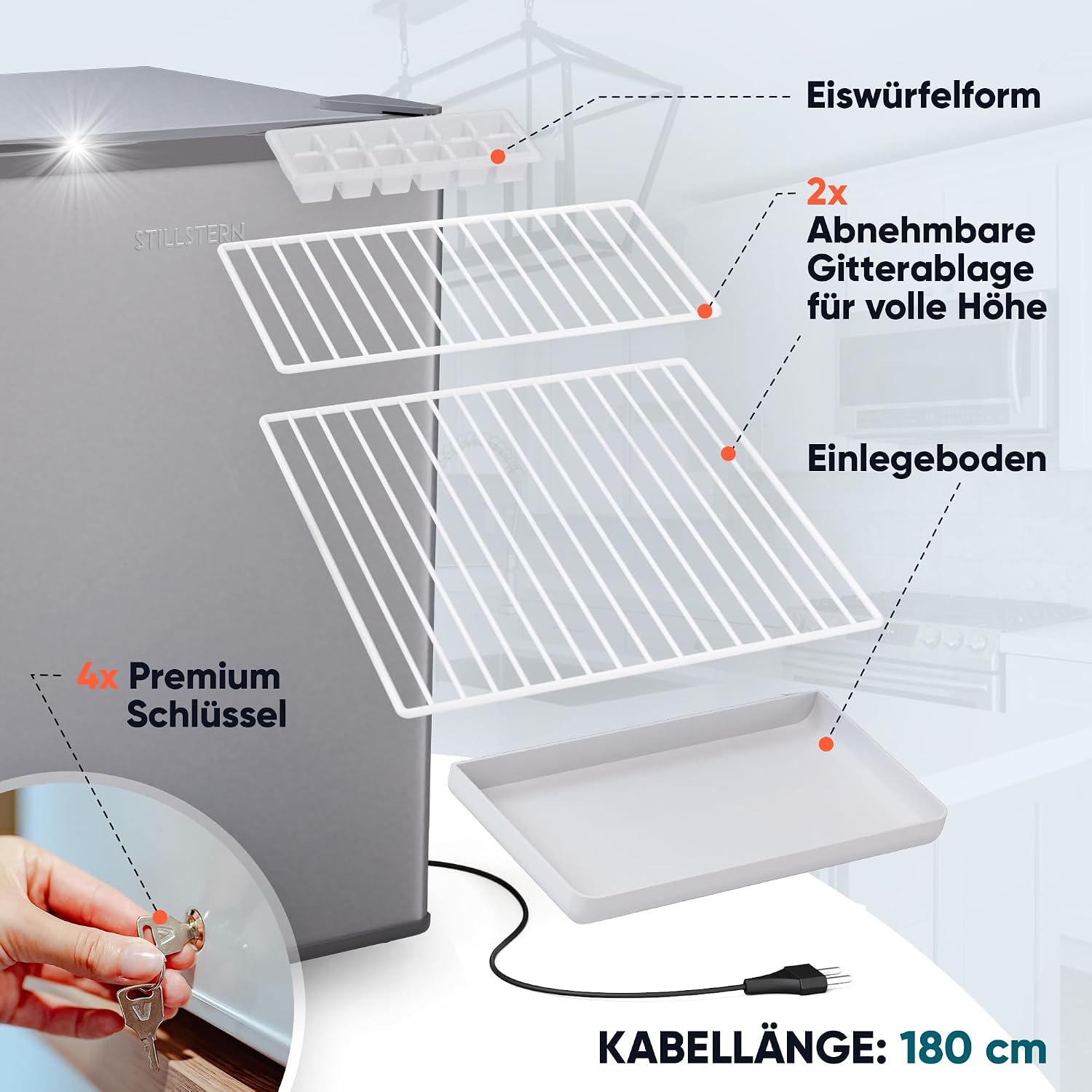 Mini Gefrierschrank 42 L 4 Sterne Tiefkühlschrank -18 °C Energieklasse E mit wechselbarem Türanschlag und Schloss