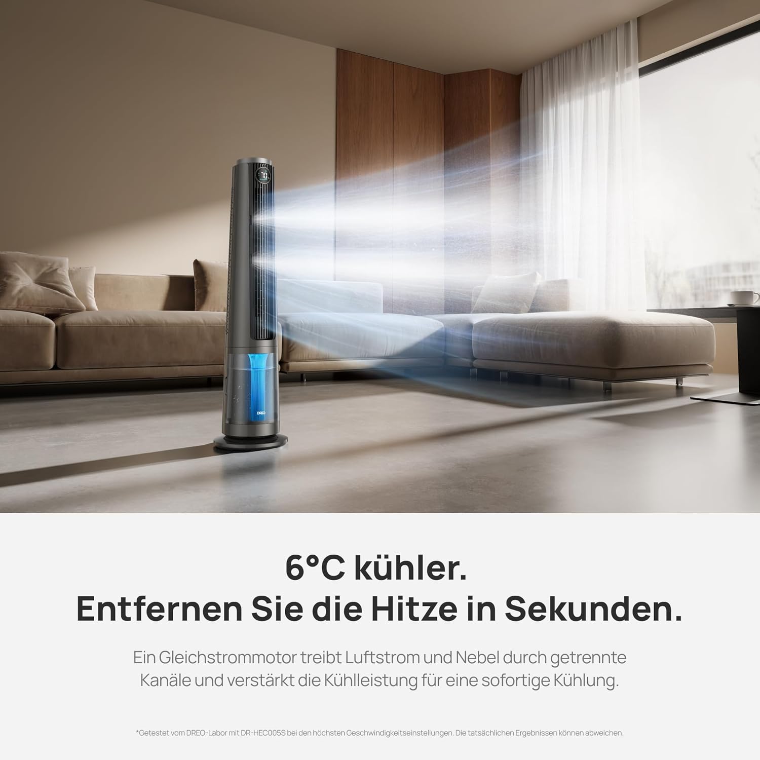 Nebel Turmventilator TurboCool 765S mit Ultraschall WLAN App-Steuerung 6L Tank 90° Oszillation