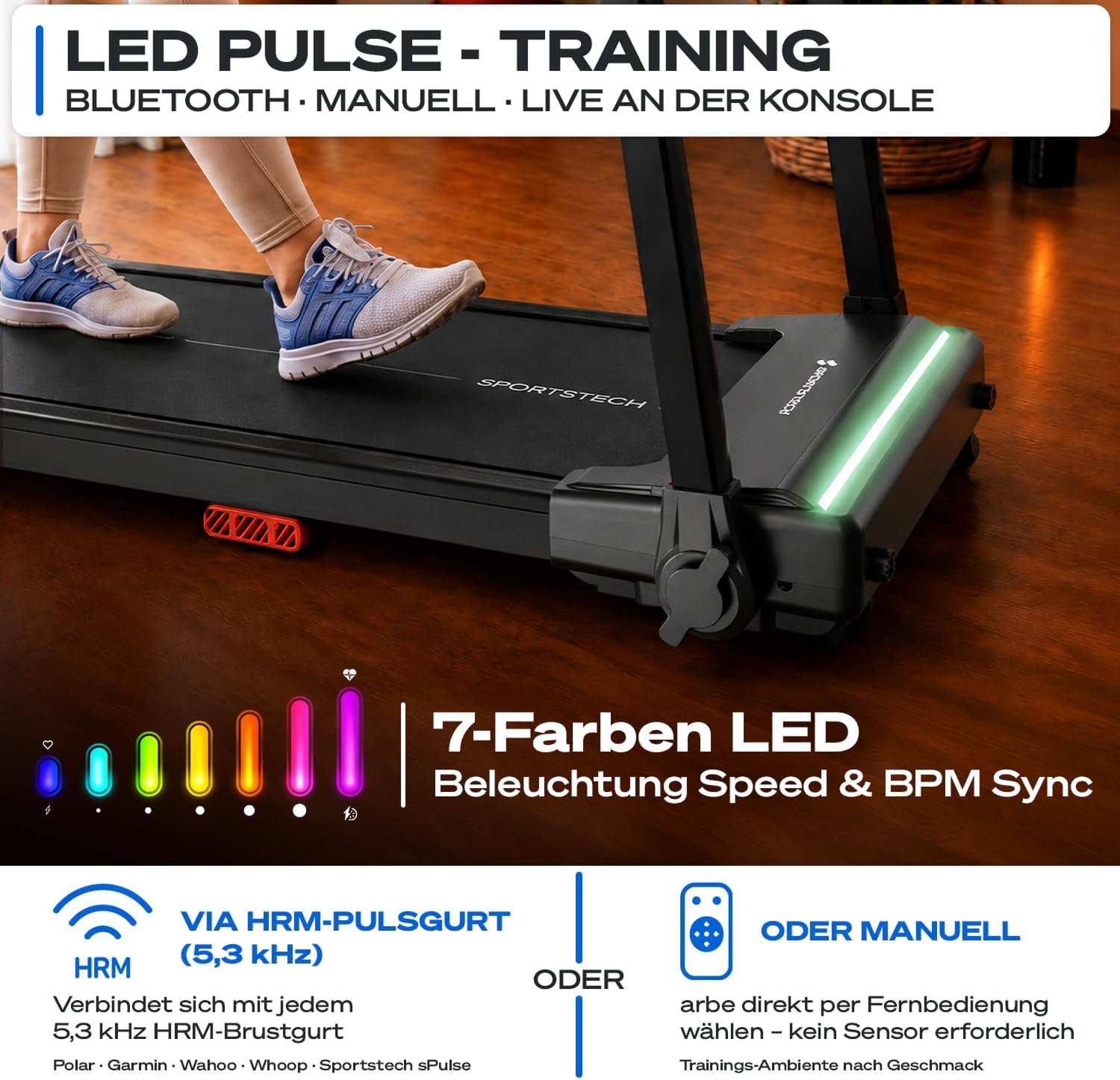 Elektrisches Laufband sProRun klappbar mit 9% Steigung 12 km/h für bis 120 kg Bluetooth LED Display und Tablethalter