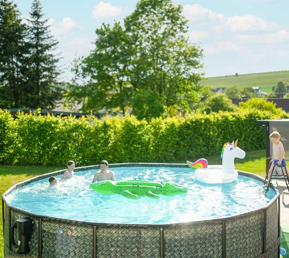 Aufstellpool Rund 549x132 cm Frame Pool Komplettset Rattan Optik Grau inkl Filterpumpe Bodenvlies Abdeckplane Leiter
